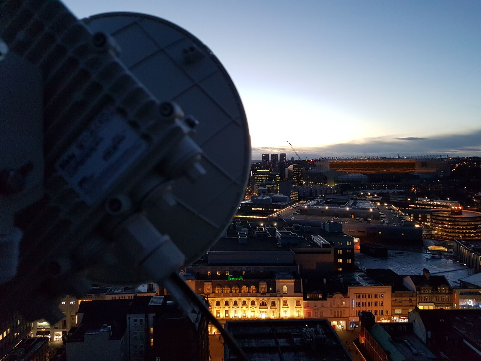A Wildcard radio link we installed on a Newcastle city-centre rooftop, at dusk